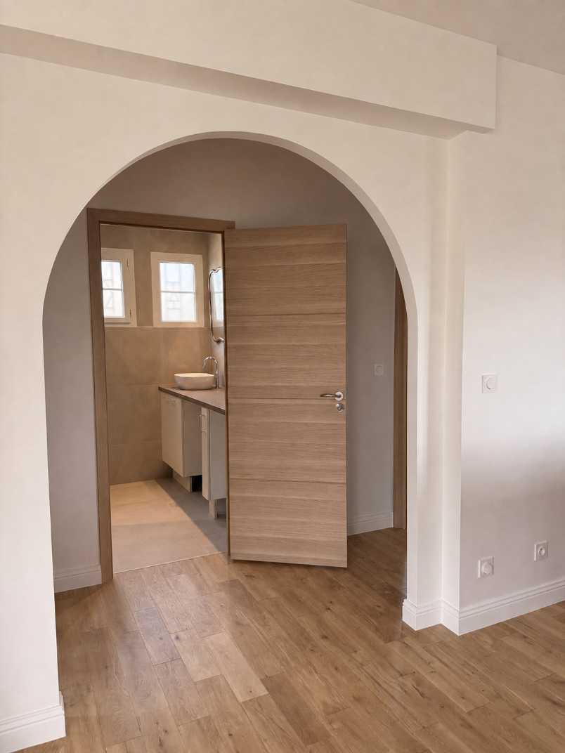 Ouverture cintrée blanche donnant sur une porte intérieure en bois.