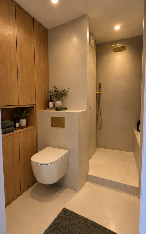 Toilettes suspendues avec des murs et un sol beiges à effet minéral.