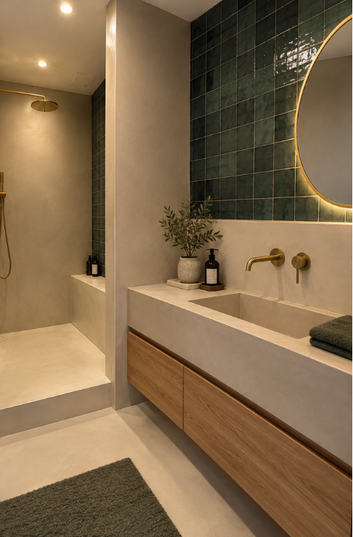 Salle de bain avec une douche, une vasque et des surfaces beiges à effet minéral.