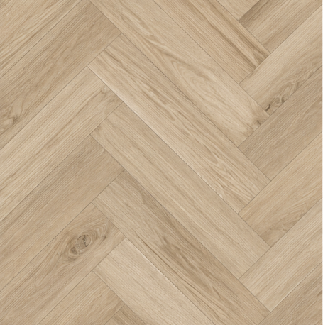 Échantillon de revêtement à effet bois clair posé en chevrons.