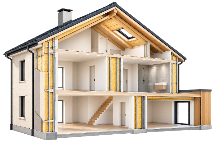 Illustration en coupe d’une maison montrant les murs, les planchers et la toiture.