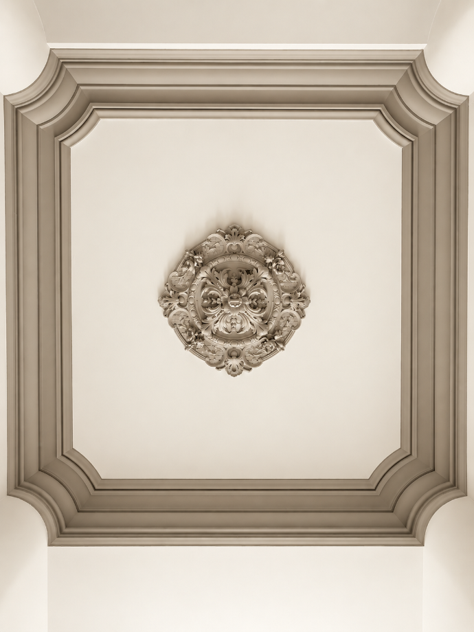 Plafond blanc orné de moulures et d’une rosace centrale.