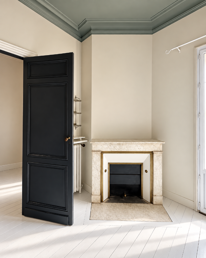Pièce avec une porte noire, une cheminée et des moulures de plafond.
