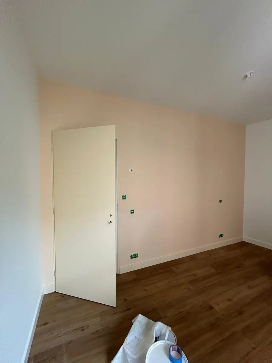 Pièce avec une porte blanche et des prises électriques en attente.