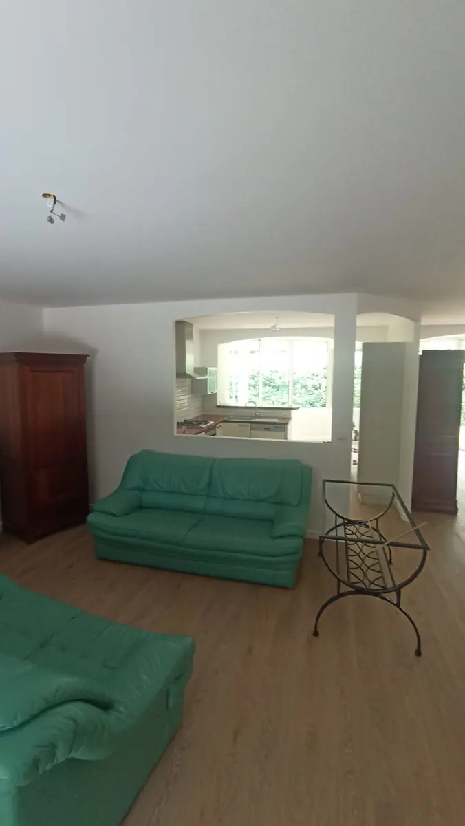 Salon avec un canapé vert et une large retombée de plafond blanche.
