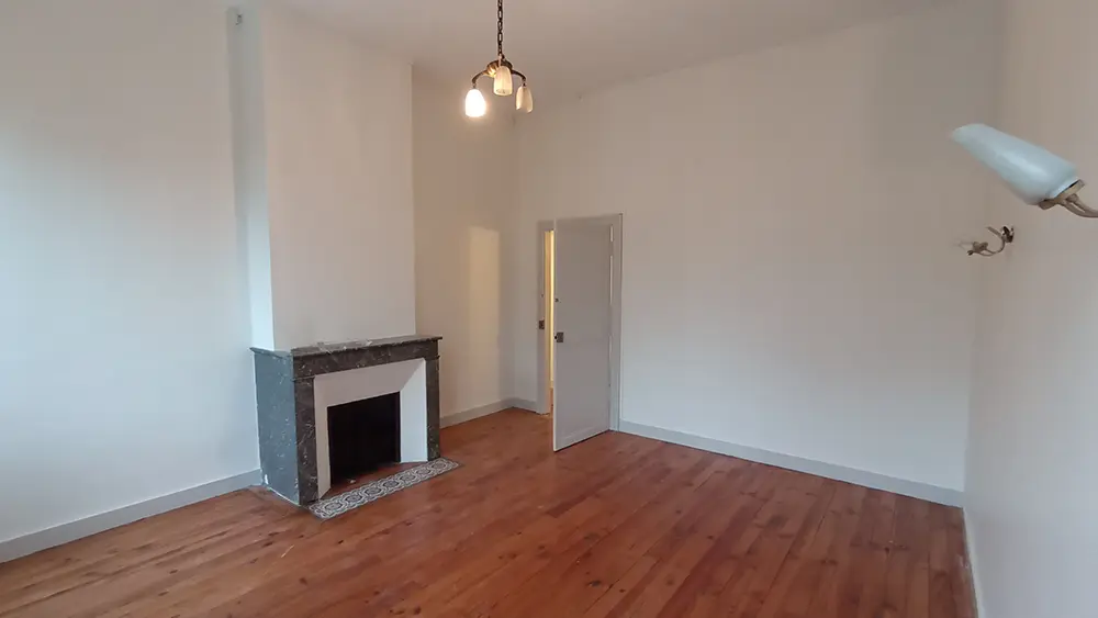 Pièce vide avec une cheminée, des murs clairs et un plancher en bois.